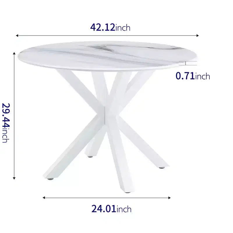 Table à manger mi-siècle de 107 cm avec plateau rond en MDF et pieds croisés, coloris marbre blanc, pour 4 à 6 personnes