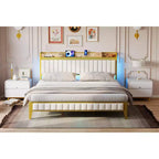 King Bed Frame, Upholstered Platform Bed Frame with Headboard, Heavy-Duty Metal Slat Support, No Box Spring Needed  Gold + White