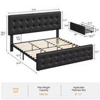 Cadre de lit plateforme King Size rembourré avec 4 tiroirs de rangement - Tête de lit capitonnée réglable - Lattes en bois robustes, Noir