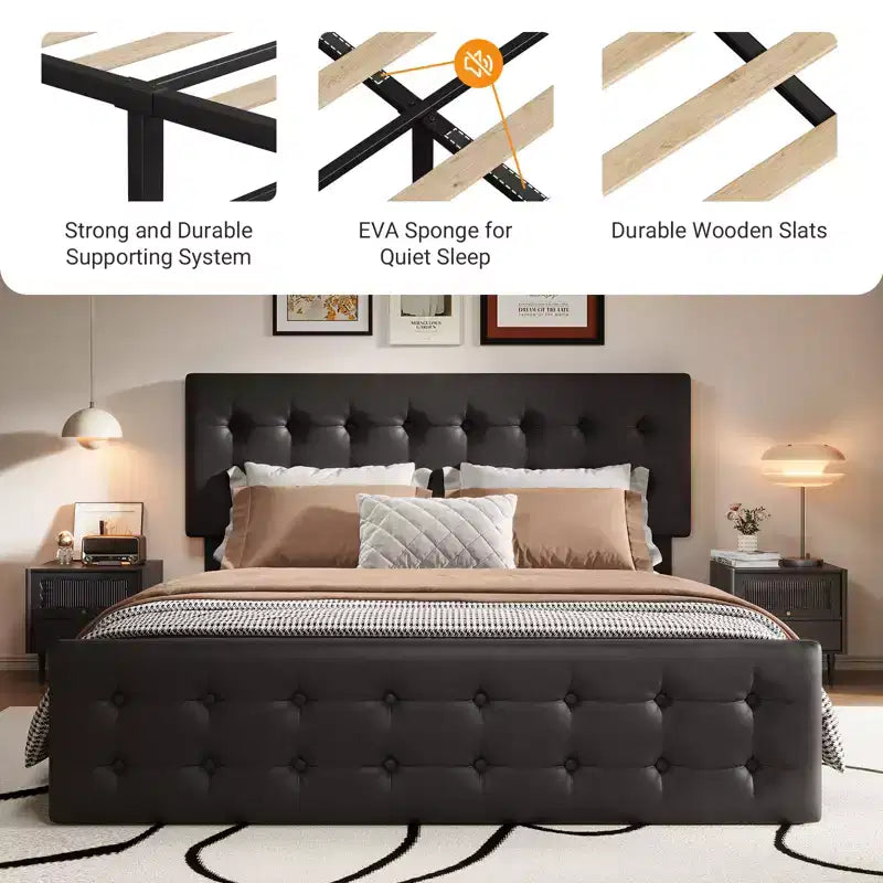 Cadre de lit plateforme King Size rembourré avec 4 tiroirs de rangement - Tête de lit capitonnée réglable - Lattes en bois robustes, Noir