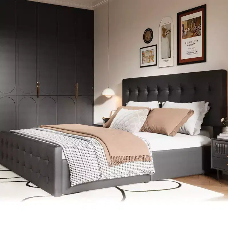 Cadre de lit plateforme King Size rembourré avec 4 tiroirs de rangement - Tête de lit capitonnée réglable - Lattes en bois robustes, Noir