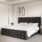 Cadre de lit plateforme King Size rembourré avec 4 tiroirs de rangement - Tête de lit capitonnée réglable - Lattes en bois robustes, Noir