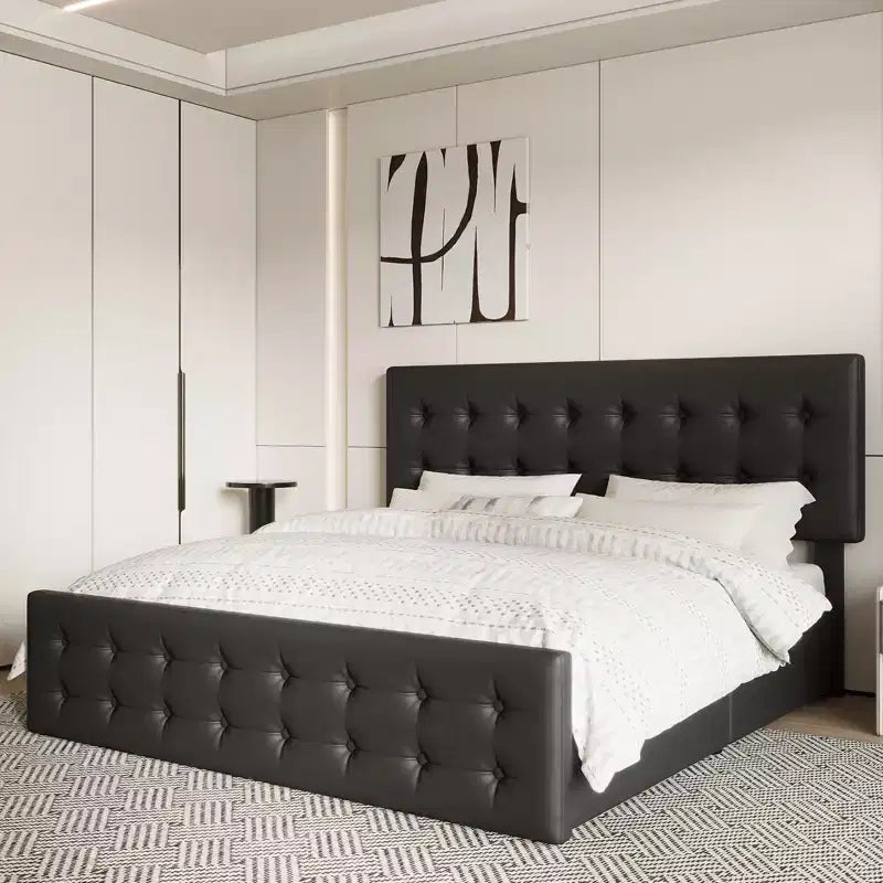 Cadre de lit plateforme King Size rembourré avec 4 tiroirs de rangement - Tête de lit capitonnée réglable - Lattes en bois robustes, Noir