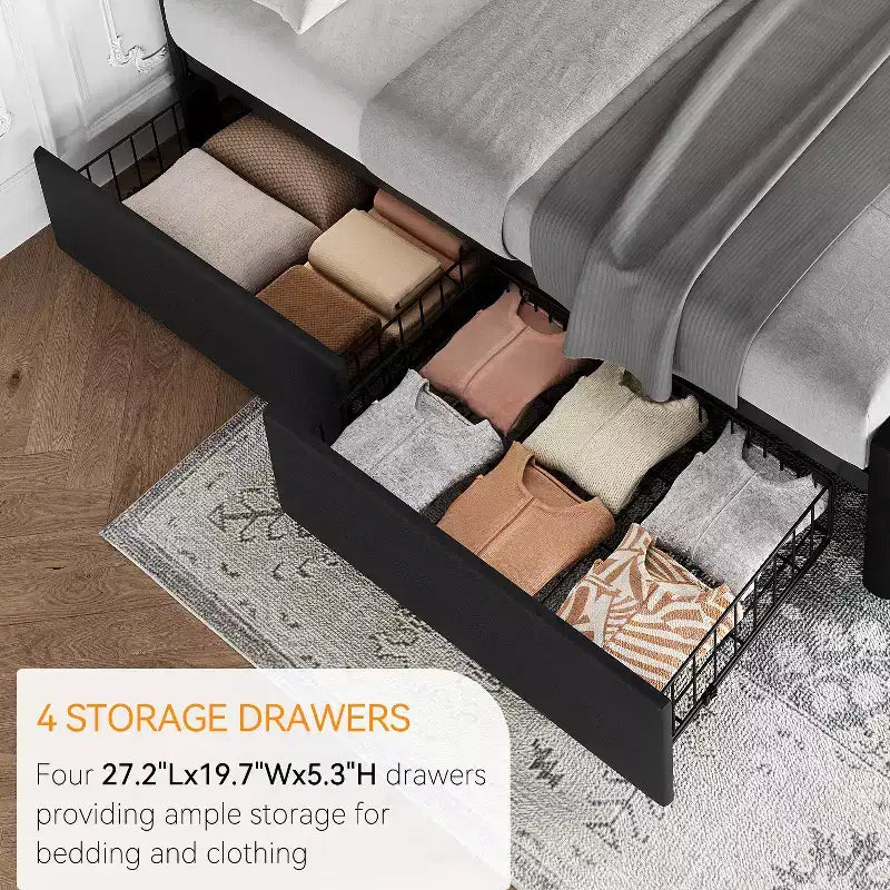 Cadre de lit plateforme King Size rembourré avec 4 tiroirs de rangement - Tête de lit capitonnée réglable - Lattes en bois robustes, Noir