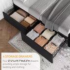 Cadre de lit plateforme King Size rembourré avec 4 tiroirs de rangement - Tête de lit capitonnée réglable - Lattes en bois robustes, Noir