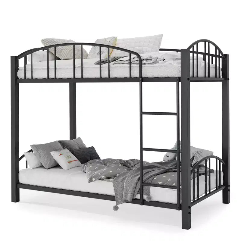 Heavy Duty Twin Over Twin Metal Bunk Bed - Sturdy Steel Frame & Arched Guardrail - Safety Ladder, Space-Saving, Modern Bedroom Furniture