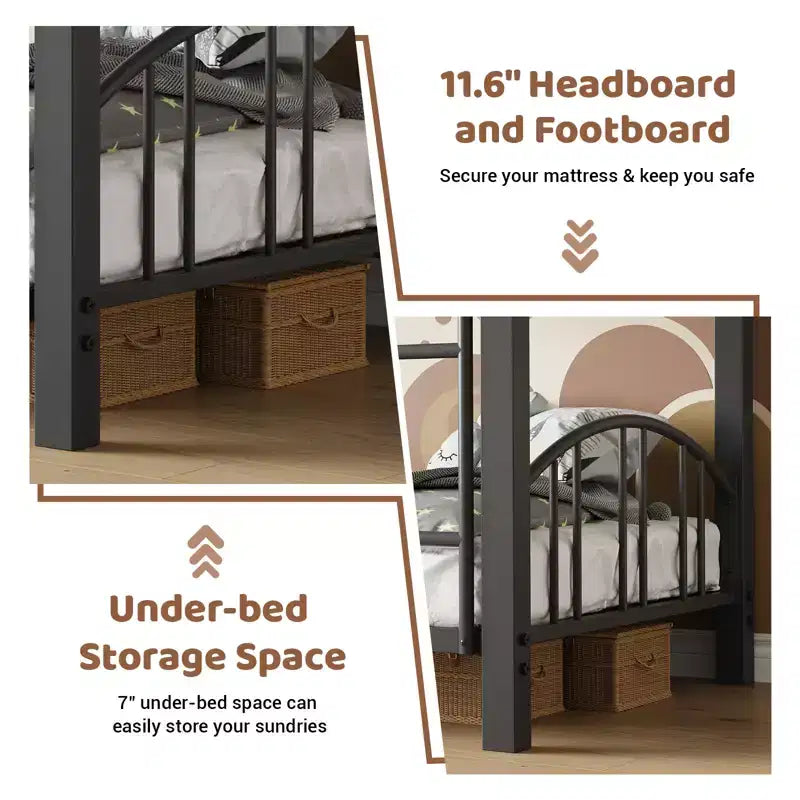 Lit superposé double en métal robuste - Cadre en acier solide et barrière de protection arquée - Échelle de sécurité, gain de place, mobilier de chambre moderne