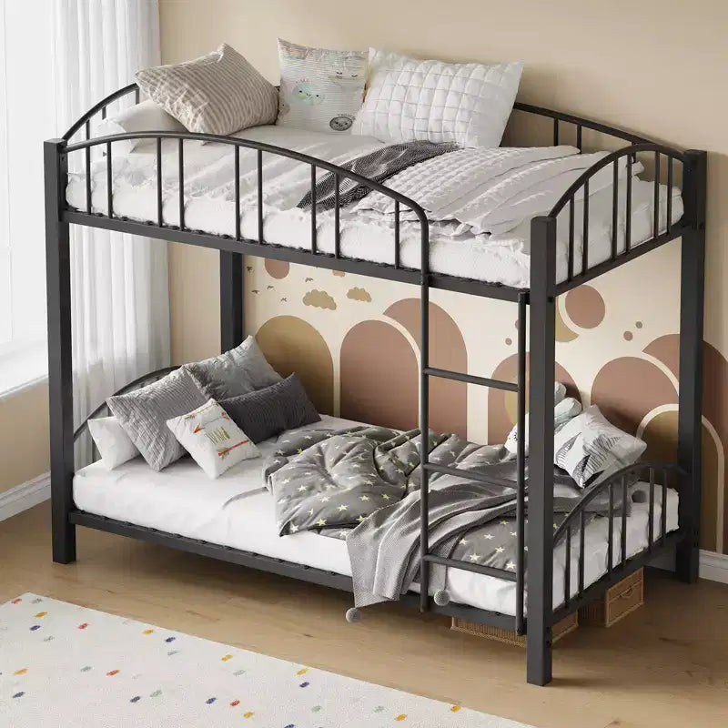 Lit superposé double en métal robuste - Cadre en acier solide et barrière de protection arquée - Échelle de sécurité, gain de place, mobilier de chambre moderne
