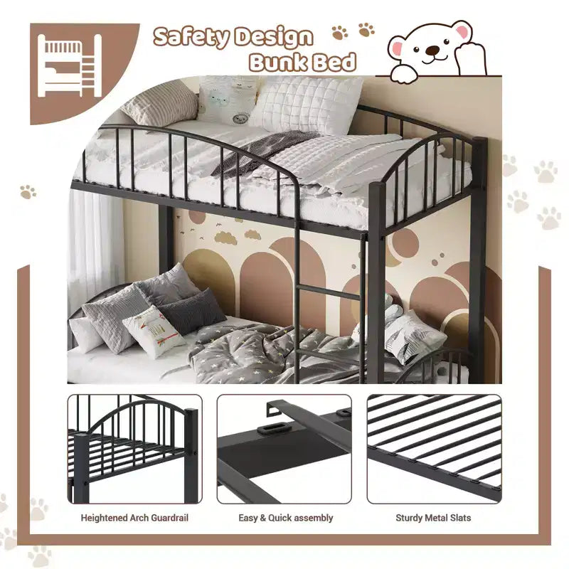 Lit superposé double en métal robuste - Cadre en acier solide et barrière de protection arquée - Échelle de sécurité, gain de place, mobilier de chambre moderne