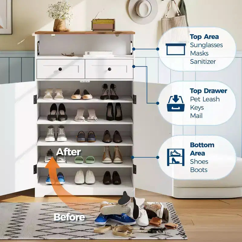 Meuble à chaussures COZONY avec portes et 2 tiroirs, étagères réglables, organisateur de rangement pour entrée, couloir, salon