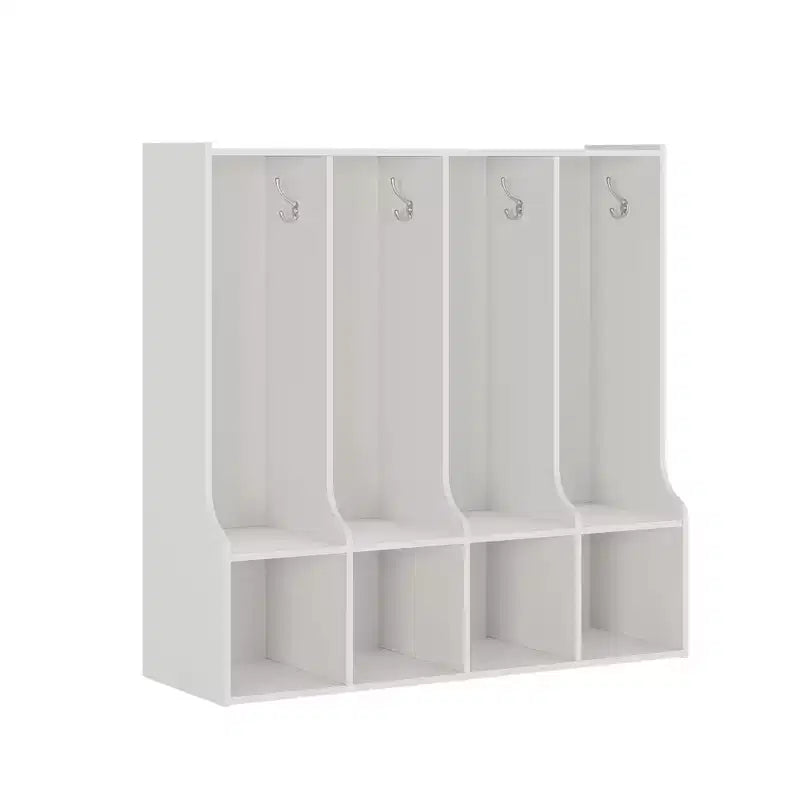 Organisateur de Manteaux pour Enfants avec 4 Compartiments et 8 Crochets, Casier de Rangement Blanc avec Niches pour Salle de Classe, Crèche, Salle de Jeux