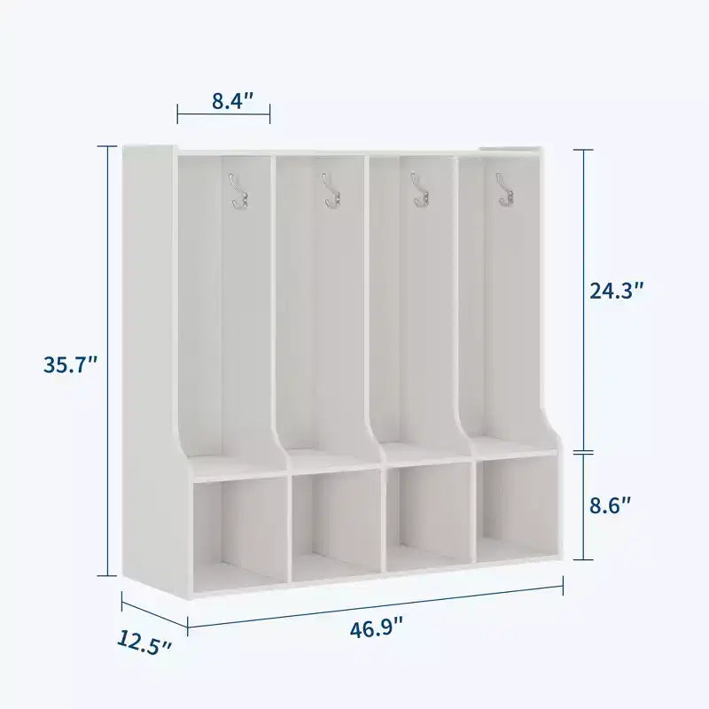 Organisateur de Manteaux pour Enfants avec 4 Compartiments et 8 Crochets, Casier de Rangement Blanc avec Niches pour Salle de Classe, Crèche, Salle de Jeux