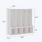 Organisateur de Manteaux pour Enfants avec 4 Compartiments et 8 Crochets, Casier de Rangement Blanc avec Niches pour Salle de Classe, Crèche, Salle de Jeux