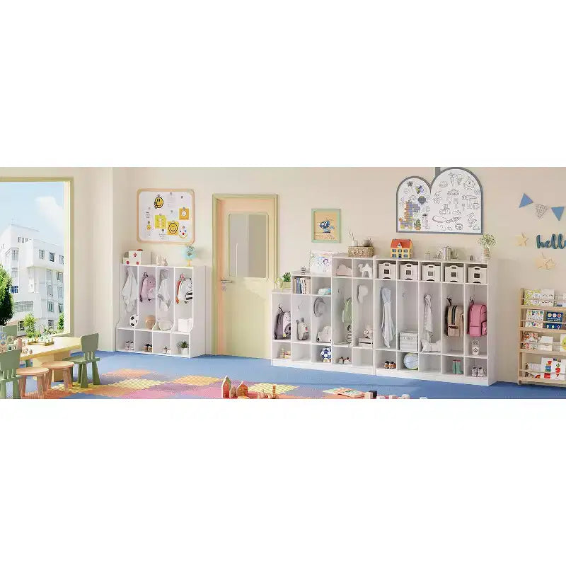 Organisateur de Manteaux pour Enfants avec 4 Compartiments et 8 Crochets, Casier de Rangement Blanc avec Niches pour Salle de Classe, Crèche, Salle de Jeux