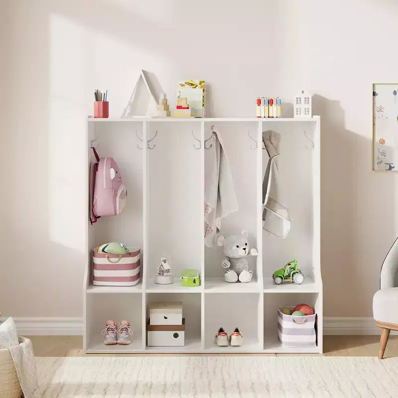 Organisateur de Manteaux pour Enfants avec 4 Compartiments et 8 Crochets, Casier de Rangement Blanc avec Niches pour Salle de Classe, Crèche, Salle de Jeux