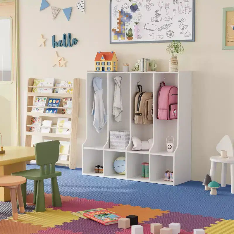 Organisateur de Manteaux pour Enfants avec 4 Compartiments et 8 Crochets, Casier de Rangement Blanc avec Niches pour Salle de Classe, Crèche, Salle de Jeux