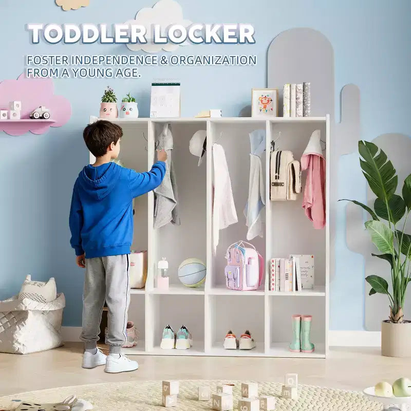 Organisateur de Manteaux pour Enfants avec 4 Compartiments et 8 Crochets, Casier de Rangement Blanc avec Niches pour Salle de Classe, Crèche, Salle de Jeux
