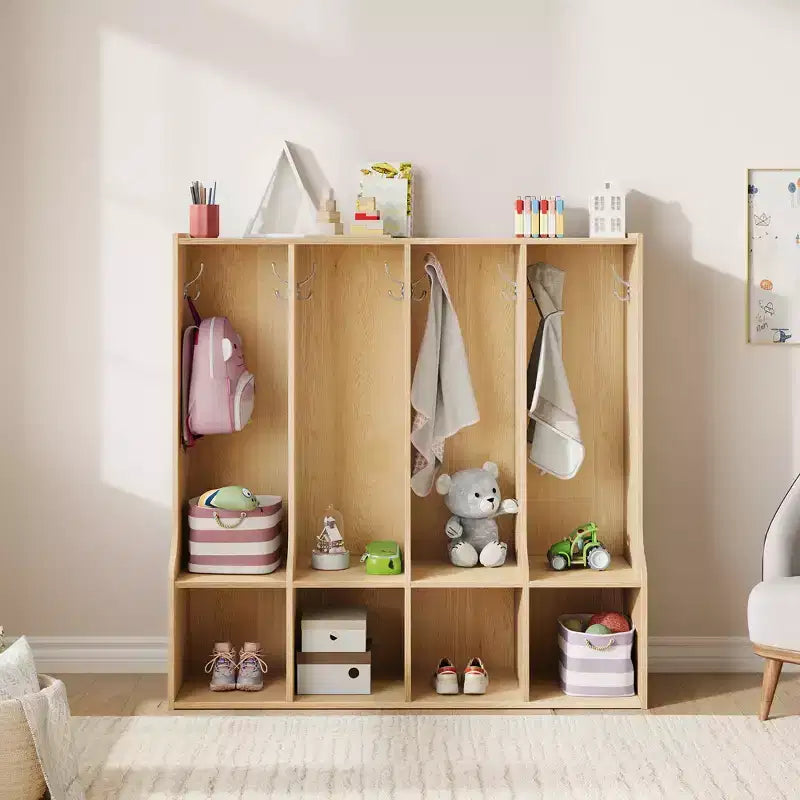 Organisateur de Manteaux pour Enfants avec 4 Compartiments et 8 Crochets, Casier de Rangement Blanc avec Niches pour Salle de Classe, Crèche, Salle de Jeux