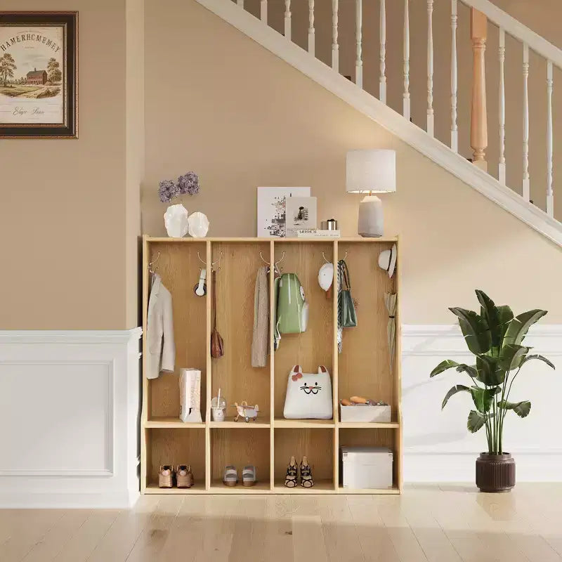 Organisateur de Manteaux pour Enfants avec 4 Compartiments et 8 Crochets, Casier de Rangement Blanc avec Niches pour Salle de Classe, Crèche, Salle de Jeux
