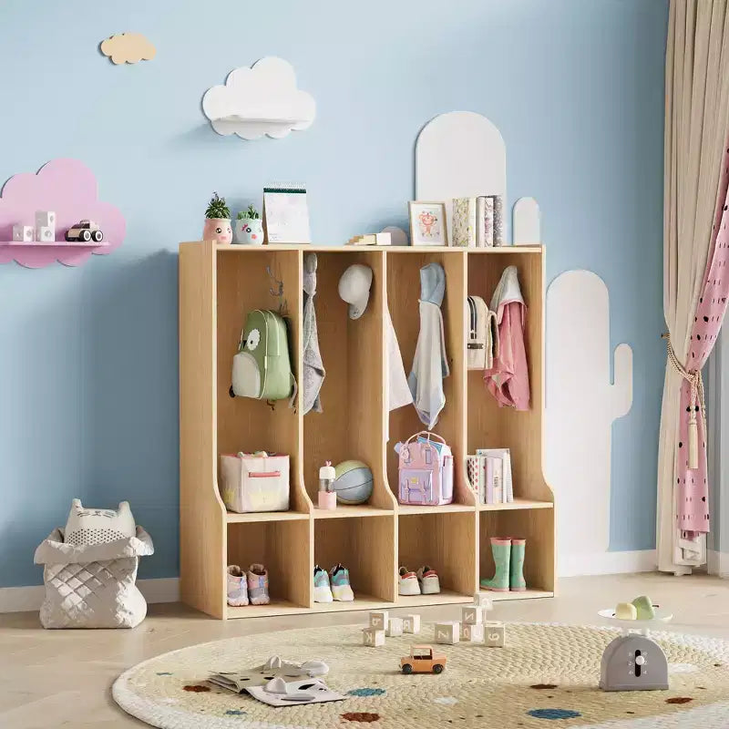Organisateur de Manteaux pour Enfants avec 4 Compartiments et 8 Crochets, Casier de Rangement Blanc avec Niches pour Salle de Classe, Crèche, Salle de Jeux