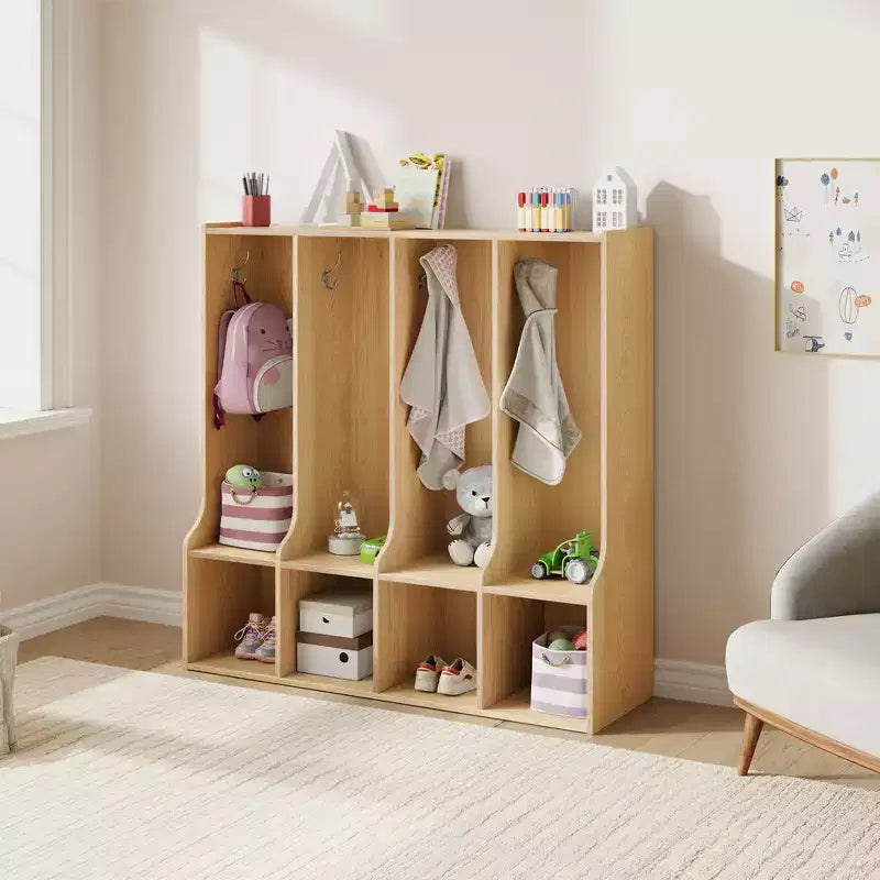 Organisateur de Manteaux pour Enfants avec 4 Compartiments et 8 Crochets, Casier de Rangement Blanc avec Niches pour Salle de Classe, Crèche, Salle de Jeux
