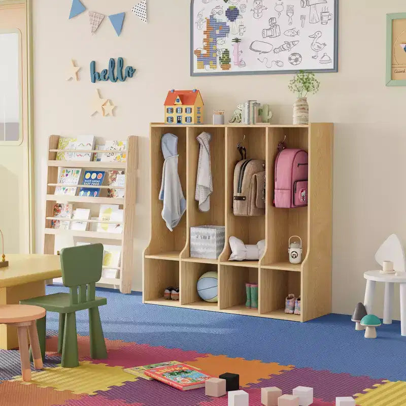 Organisateur de Manteaux pour Enfants avec 4 Compartiments et 8 Crochets, Casier de Rangement Blanc avec Niches pour Salle de Classe, Crèche, Salle de Jeux