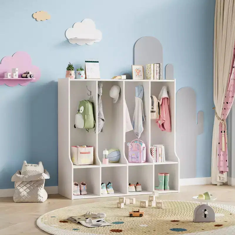 Organisateur de Manteaux pour Enfants avec 4 Compartiments et 8 Crochets, Casier de Rangement Blanc avec Niches pour Salle de Classe, Crèche, Salle de Jeux