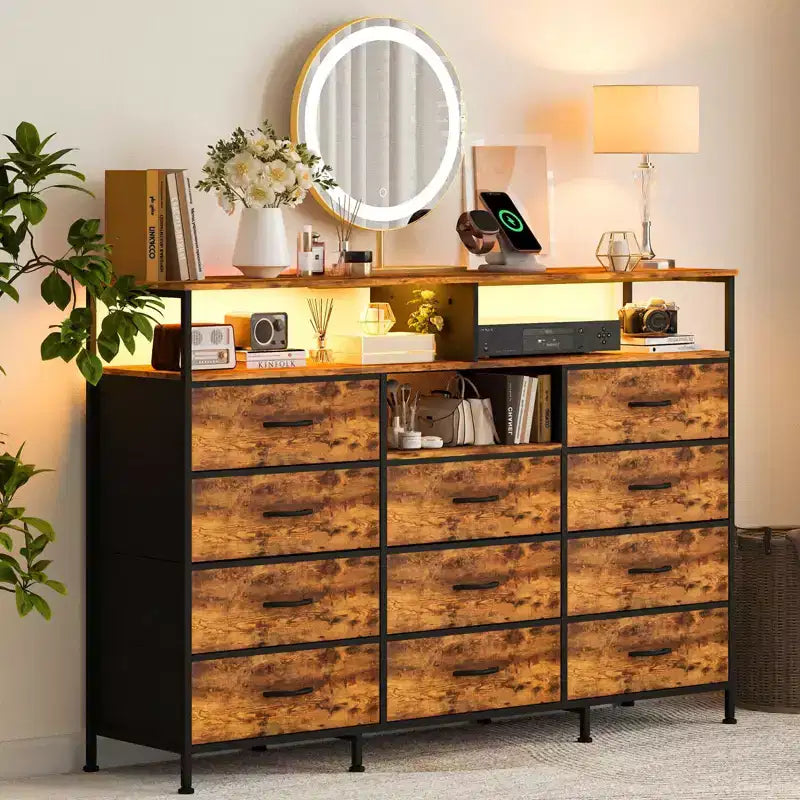 Commode de chambre à 11 tiroirs, commodes et chiffonniers en tissu avec étagères ouvertes pour couloir, salon, cadre en acier, dessus en bois