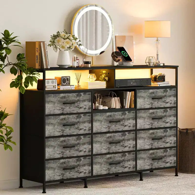 Commode de chambre à 11 tiroirs, commodes et chiffonniers en tissu avec étagères ouvertes pour couloir, salon, cadre en acier, dessus en bois