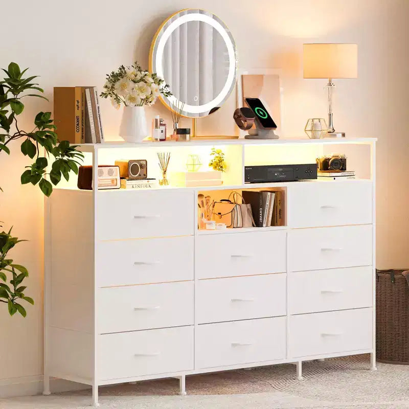 Commode de chambre à 11 tiroirs, commodes et chiffonniers en tissu avec étagères ouvertes pour couloir, salon, cadre en acier, dessus en bois