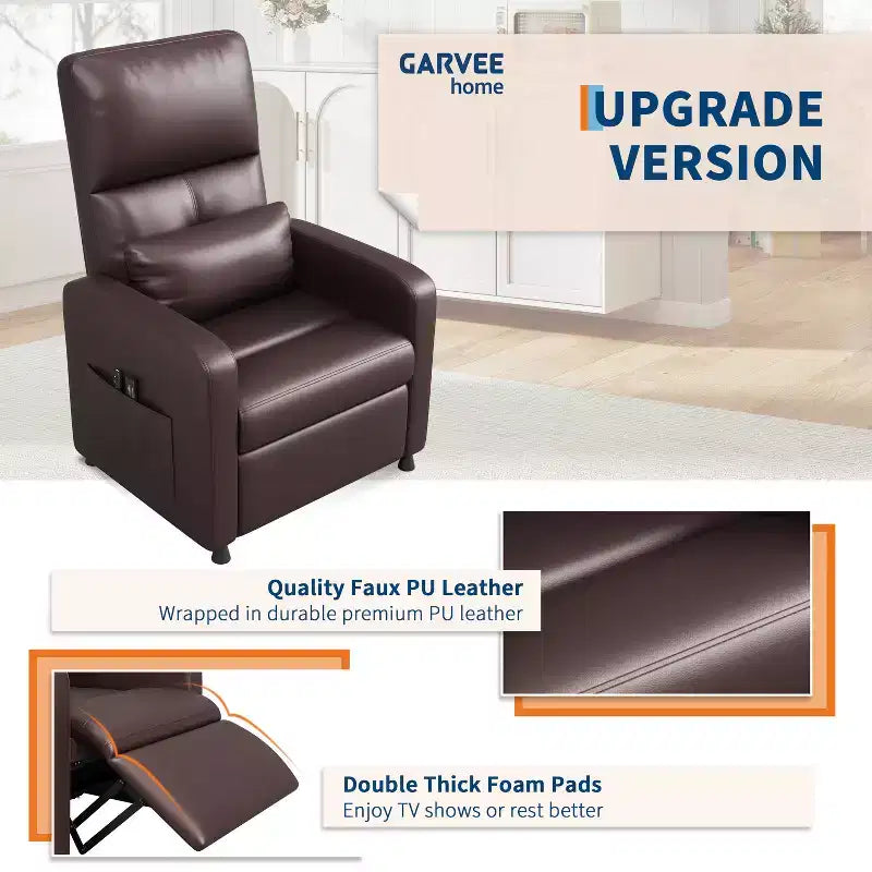 Fauteuil inclinable en cuir PU ergonomique avec inclinaison réglable, siège rembourré, accoudoirs larges, dossier haut et poches latérales, adapté aux adultes.