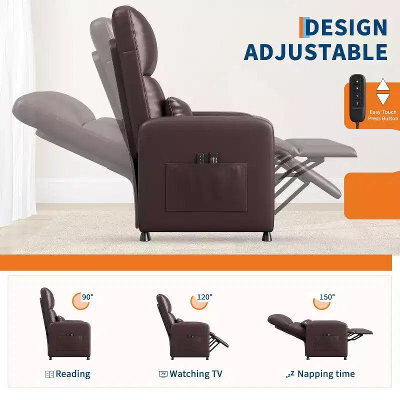 Fauteuil inclinable en cuir PU ergonomique avec inclinaison réglable, siège rembourré, accoudoirs larges, dossier haut et poches latérales, adapté aux adultes.
