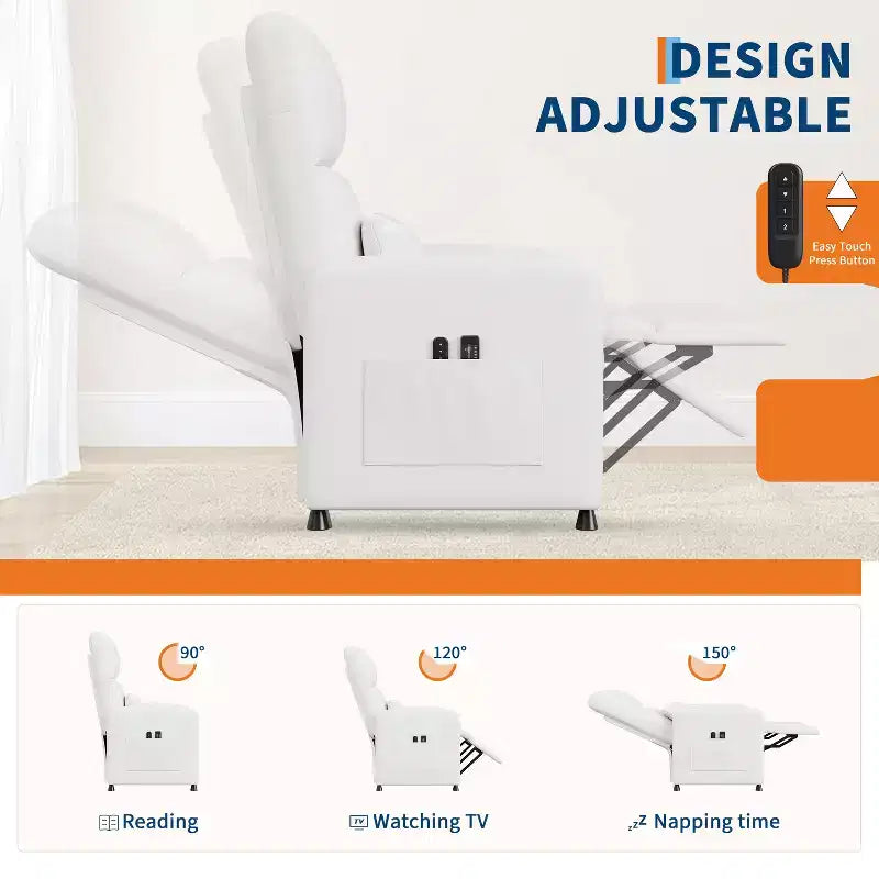 Fauteuil inclinable en cuir PU ergonomique avec inclinaison réglable, siège rembourré, accoudoirs larges, dossier haut et poches latérales, adapté aux adultes.