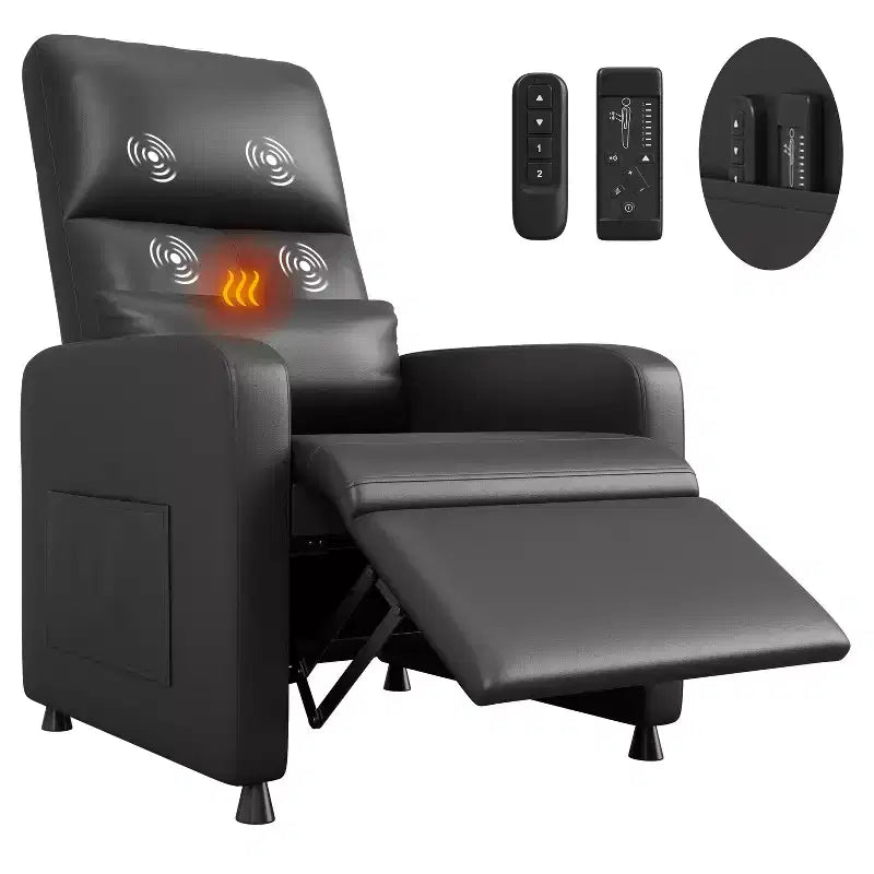 Fauteuil inclinable en cuir PU ergonomique avec inclinaison réglable, siège rembourré, accoudoirs larges, dossier haut et poches latérales, adapté aux adultes.