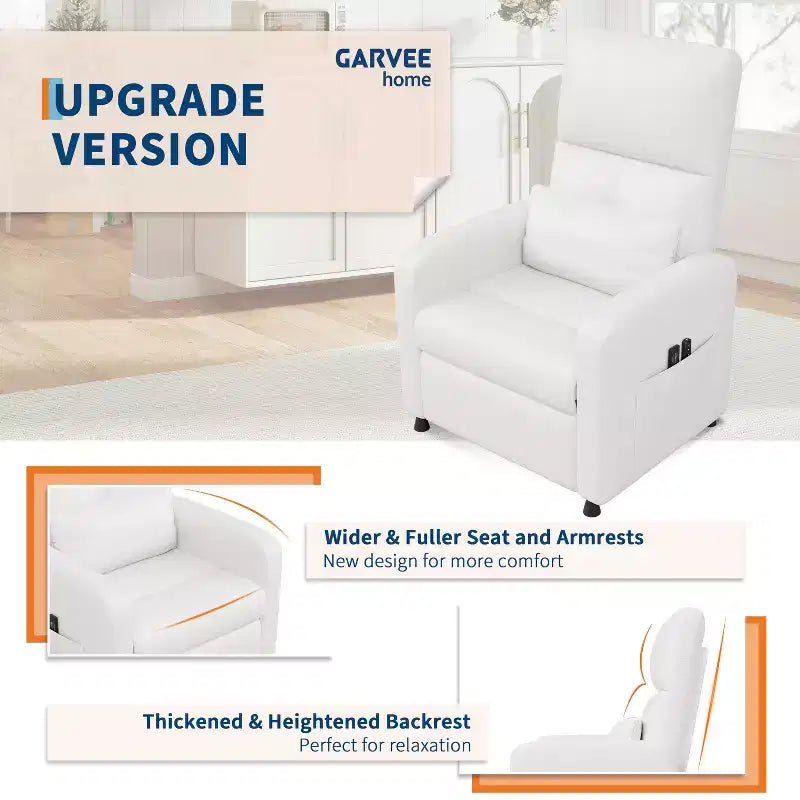 Fauteuil inclinable en cuir PU ergonomique avec inclinaison réglable, siège rembourré, accoudoirs larges, dossier haut et poches latérales, adapté aux adultes.