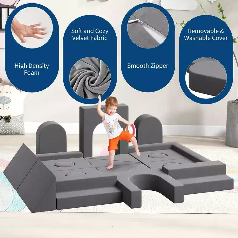 Canapé de jeu modulaire pour enfants, canapé explorateur pour enfants 22 pièces/13 pièces, canapé de jeu convertible en mousse pour chambre à coucher et salle de jeux, canapé gris 2 places pour enfants