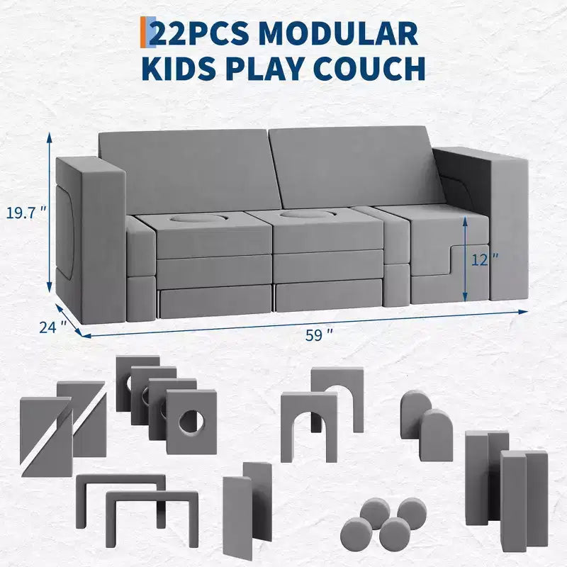 Canapé de jeu modulaire pour enfants, canapé explorateur pour enfants 22 pièces/13 pièces, canapé de jeu convertible en mousse pour chambre à coucher et salle de jeux, canapé gris 2 places pour enfants