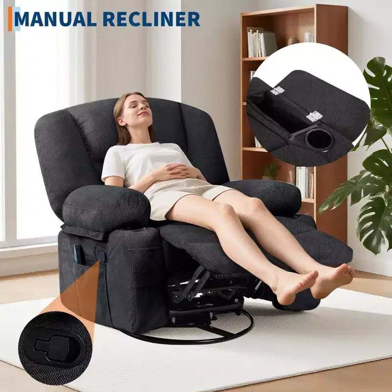 Fauteuil inclinable extra large multifonctionnel, en cuir PU, taille adulte, fauteuil à bascule pivotant à 360°, avec porte-gobelet et poches latérales.