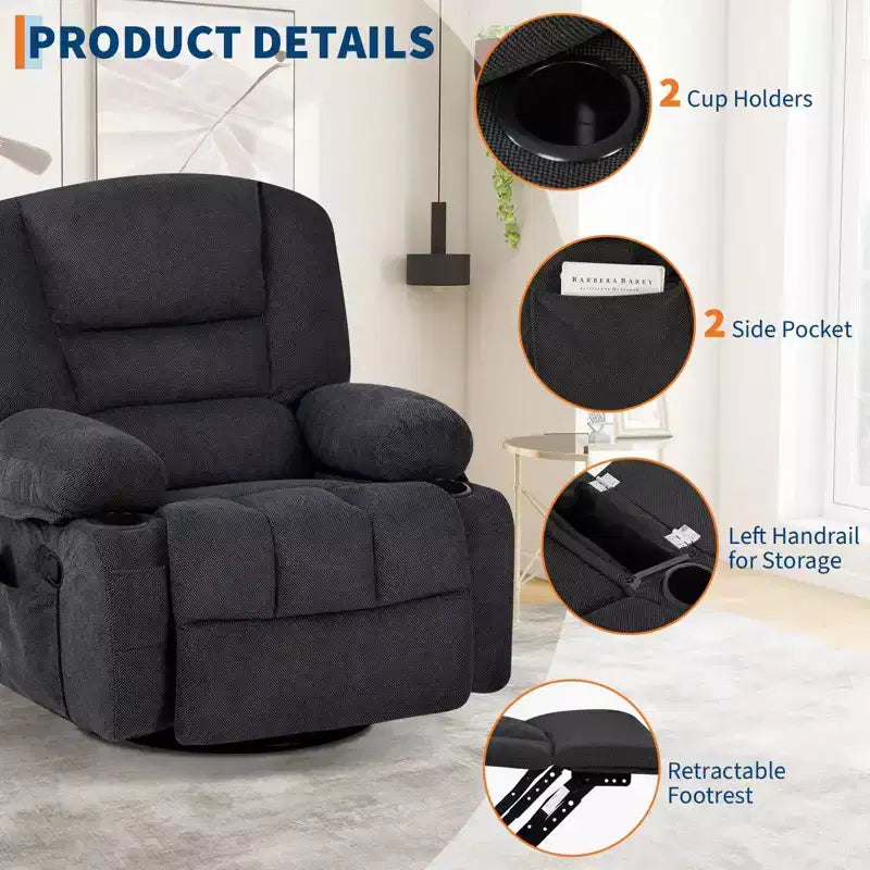 Fauteuil inclinable extra large multifonctionnel, en cuir PU, taille adulte, fauteuil à bascule pivotant à 360°, avec porte-gobelet et poches latérales.