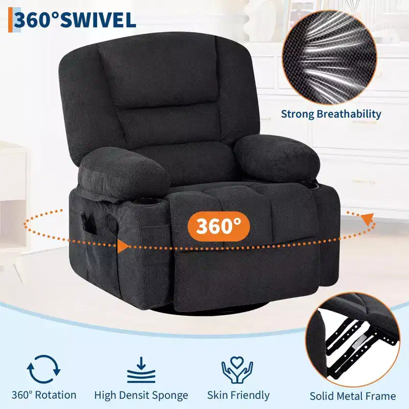 Fauteuil inclinable extra large multifonctionnel, en cuir PU, taille adulte, fauteuil à bascule pivotant à 360°, avec porte-gobelet et poches latérales.