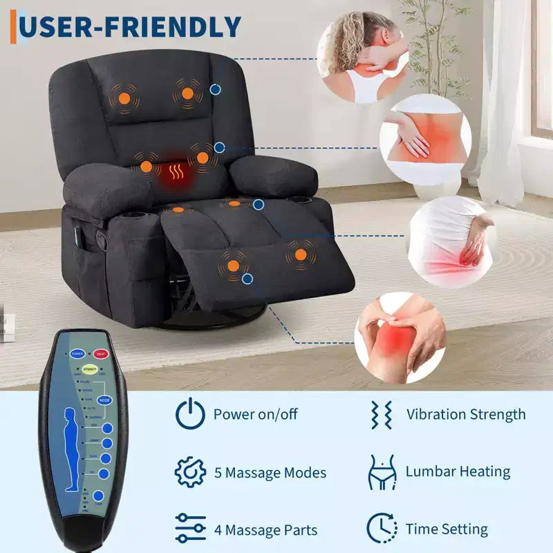 Fauteuil inclinable extra large multifonctionnel, en cuir PU, taille adulte, fauteuil à bascule pivotant à 360°, avec porte-gobelet et poches latérales.