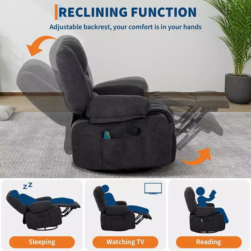Fauteuil inclinable extra large multifonctionnel, en cuir PU, taille adulte, fauteuil à bascule pivotant à 360°, avec porte-gobelet et poches latérales.