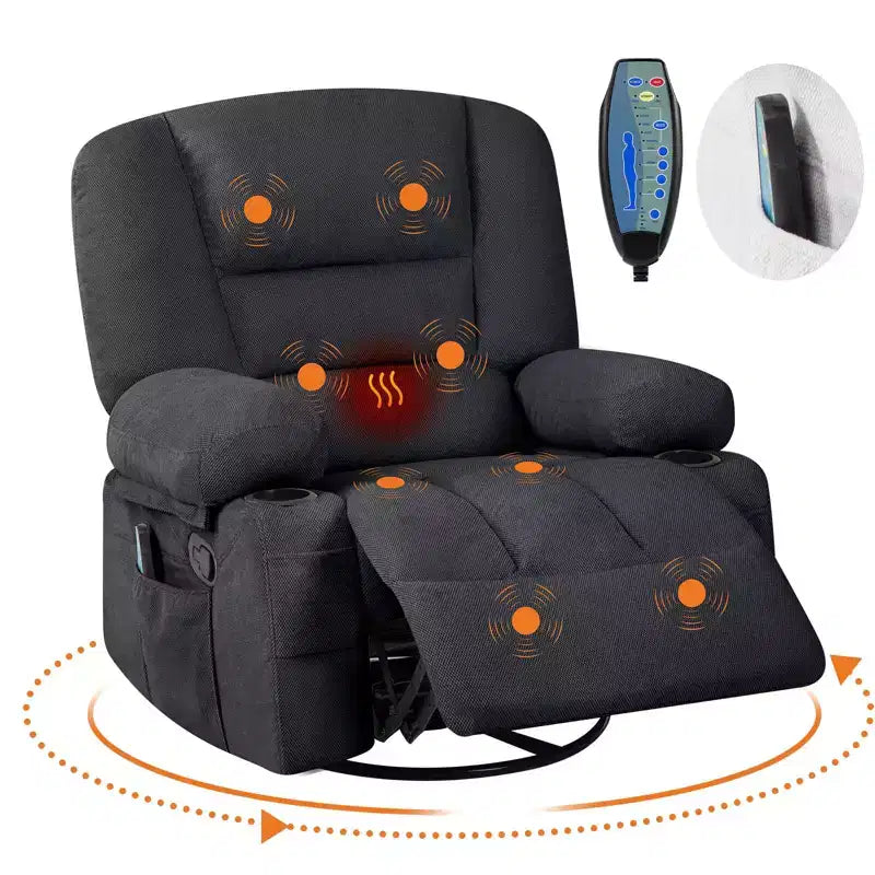 Fauteuil inclinable extra large multifonctionnel, en cuir PU, taille adulte, fauteuil à bascule pivotant à 360°, avec porte-gobelet et poches latérales.