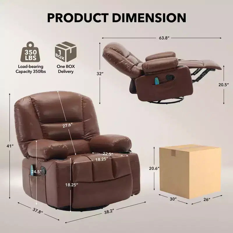 Fauteuil inclinable extra large multifonctionnel, en cuir PU, taille adulte, fauteuil à bascule pivotant à 360°, avec porte-gobelet et poches latérales.