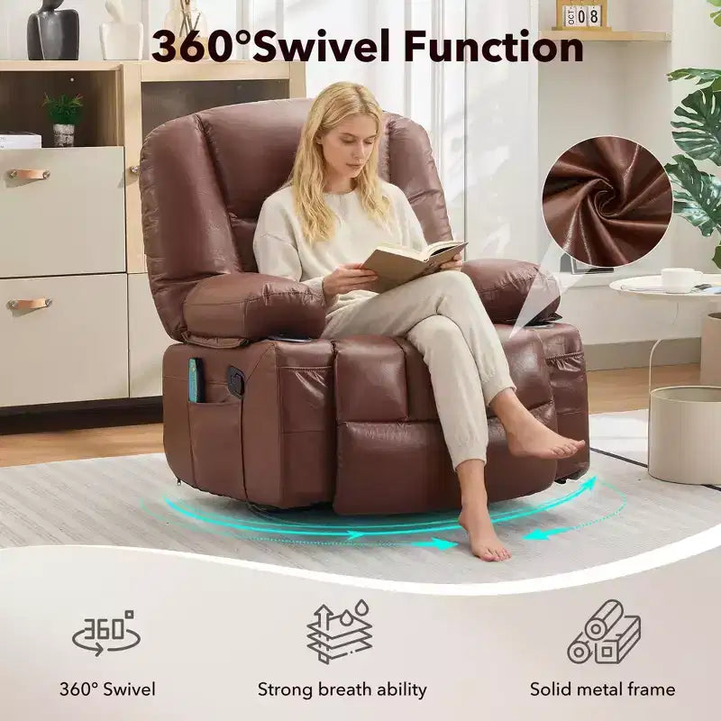 Fauteuil inclinable extra large multifonctionnel, en cuir PU, taille adulte, fauteuil à bascule pivotant à 360°, avec porte-gobelet et poches latérales.