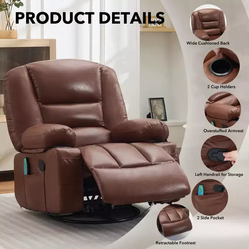 Fauteuil inclinable extra large multifonctionnel, en cuir PU, taille adulte, fauteuil à bascule pivotant à 360°, avec porte-gobelet et poches latérales.