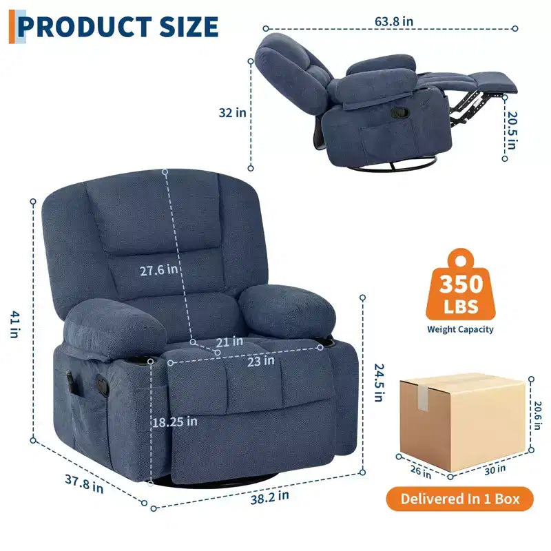 Fauteuil inclinable extra large multifonctionnel, en cuir PU, taille adulte, fauteuil à bascule pivotant à 360°, avec porte-gobelet et poches latérales.