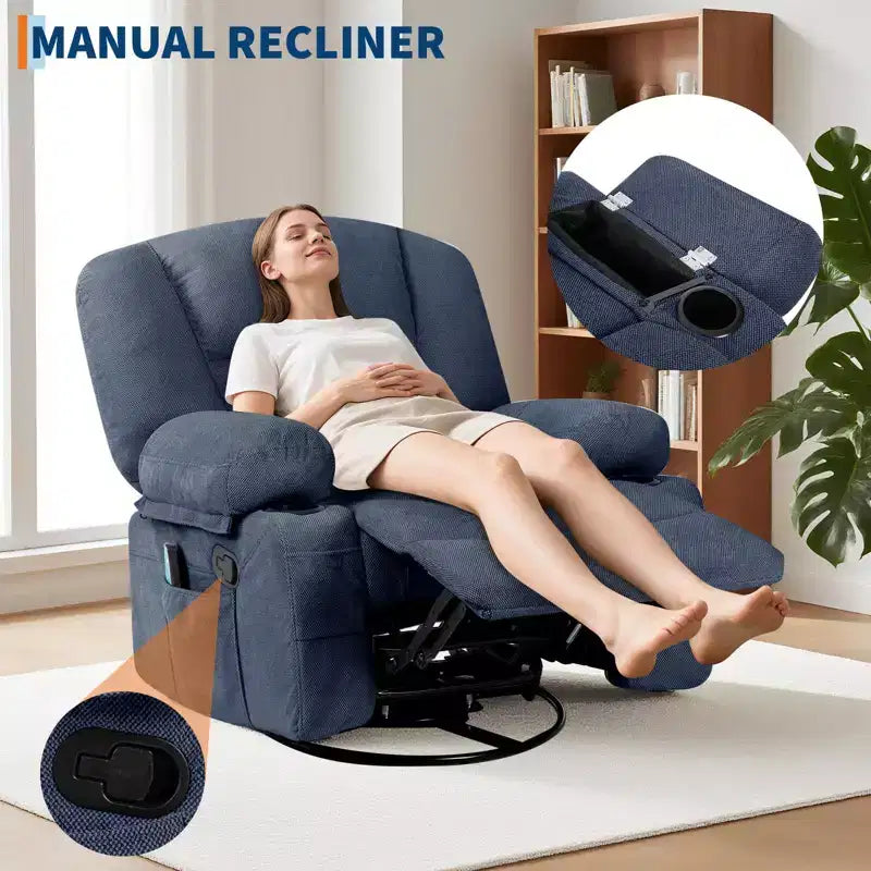 Fauteuil inclinable extra large multifonctionnel, en cuir PU, taille adulte, fauteuil à bascule pivotant à 360°, avec porte-gobelet et poches latérales.