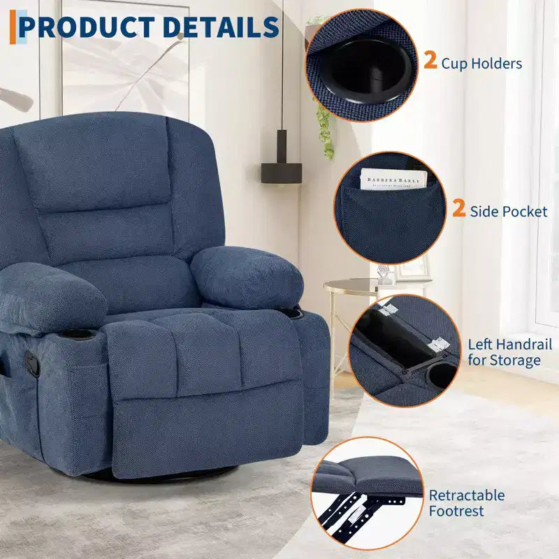 Fauteuil inclinable extra large multifonctionnel, en cuir PU, taille adulte, fauteuil à bascule pivotant à 360°, avec porte-gobelet et poches latérales.