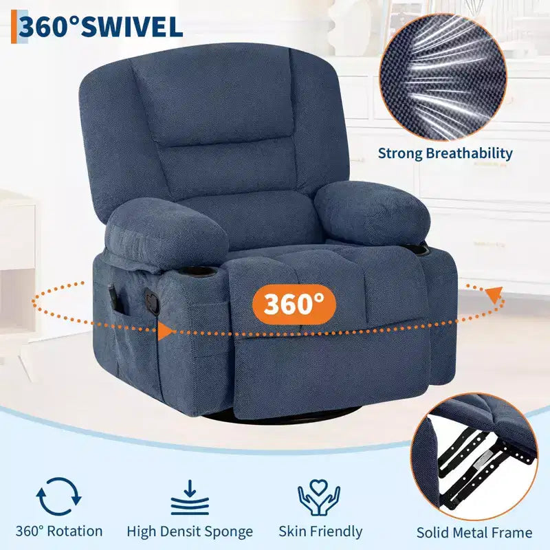 Fauteuil inclinable extra large multifonctionnel, en cuir PU, taille adulte, fauteuil à bascule pivotant à 360°, avec porte-gobelet et poches latérales.
